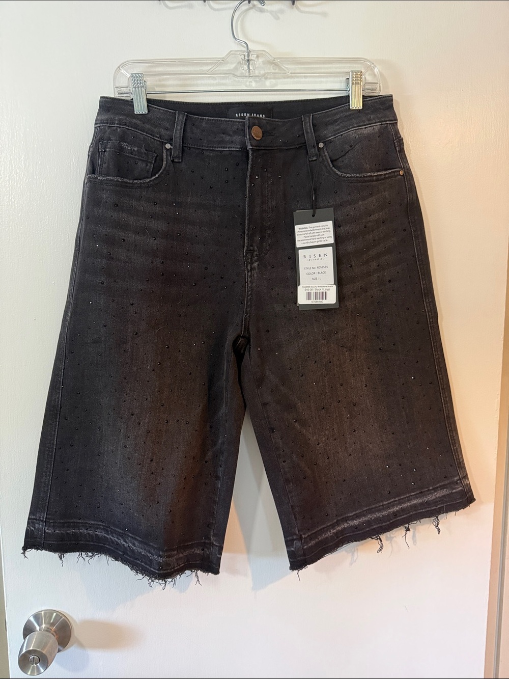 Risen Black Embellished Denim Bermuda Shorts
